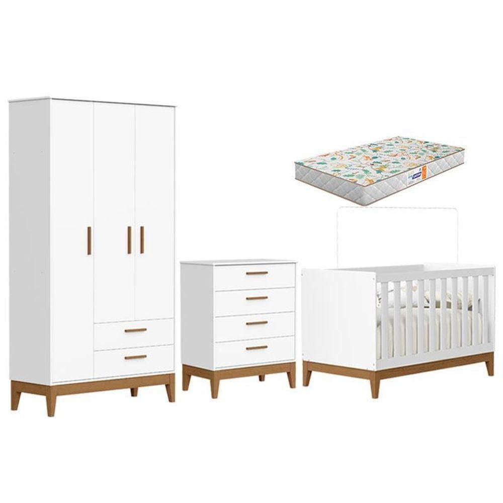 Quarto De Bebê Flip Com Cômoda Gaveteiro Branco Acetinado Com Berço Americano Colchão Gazin - Reller