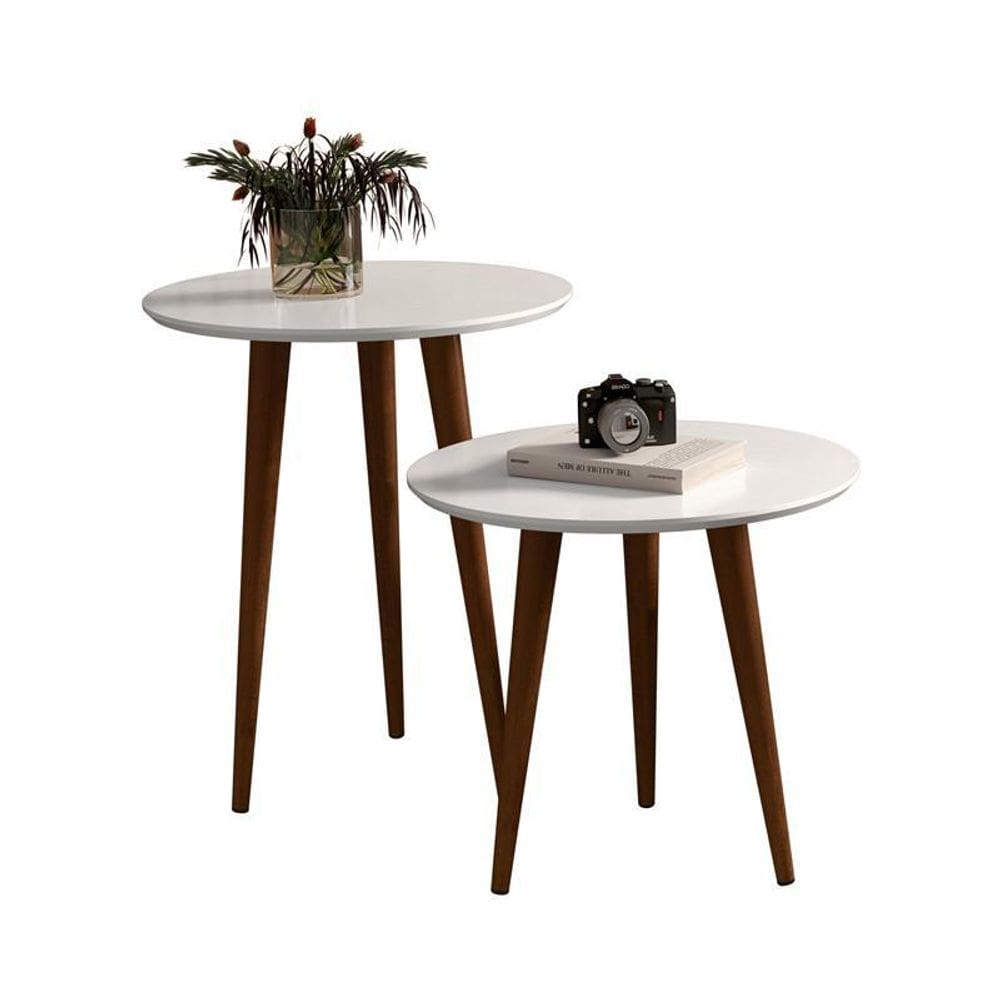 Kit 2 Mesas Lateral E Apoio Redonda Retrô Pés Palito Branco