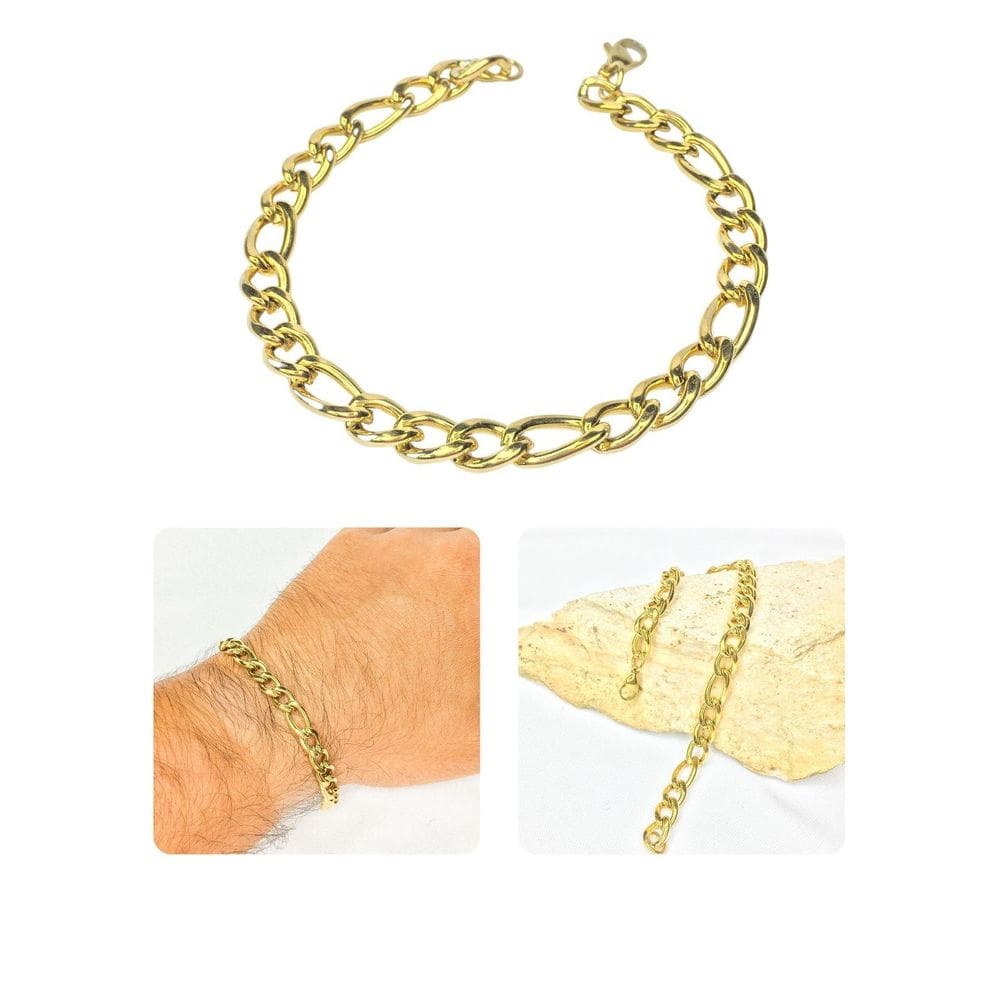 Pulseira Masculina Fígaro Grossa 6Mm Dourado 3X1 Aço Inox
