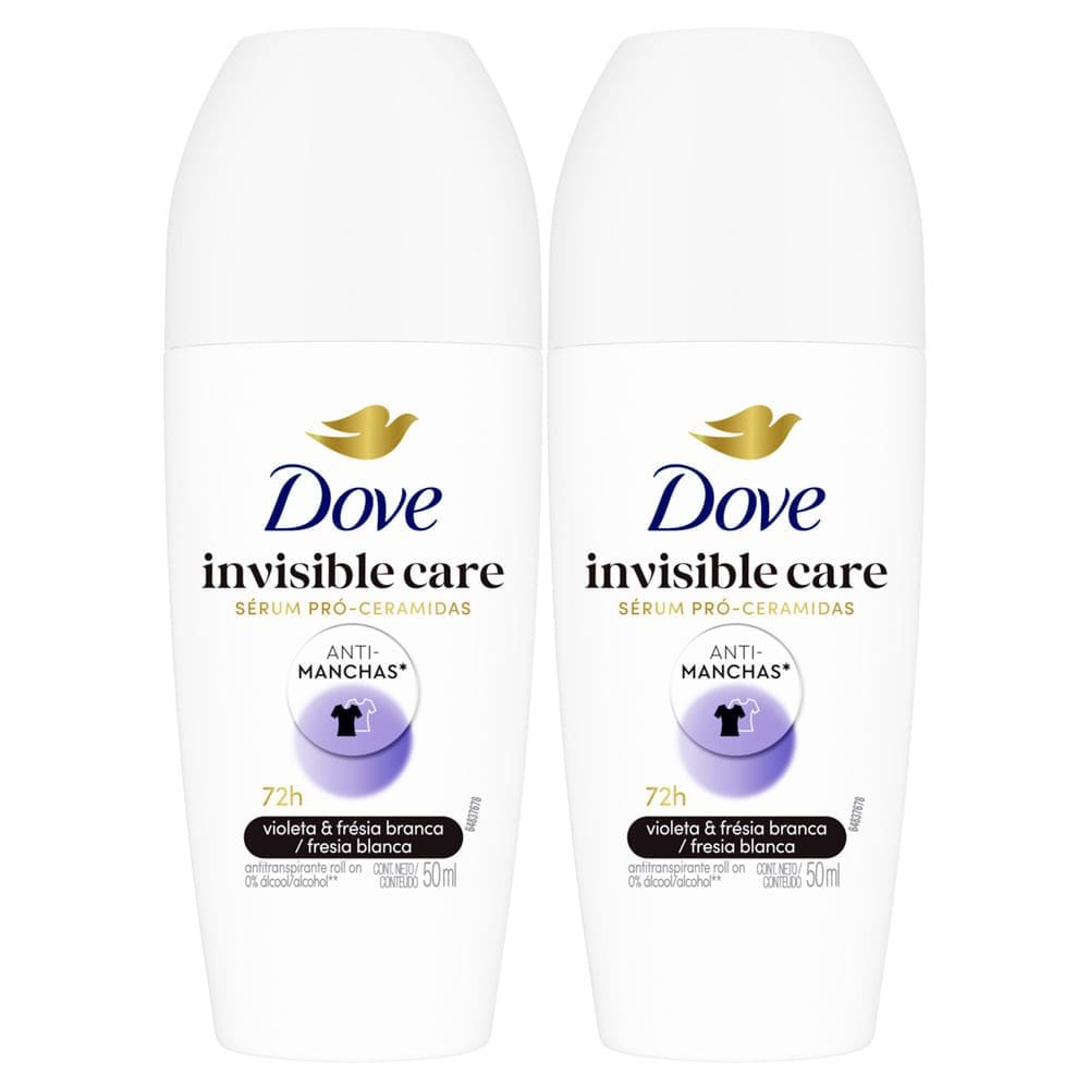Kit 2 Desodorante Dove Invisible Care Roll-on Antitranspirante Violeta e Frésia Branca 50ml