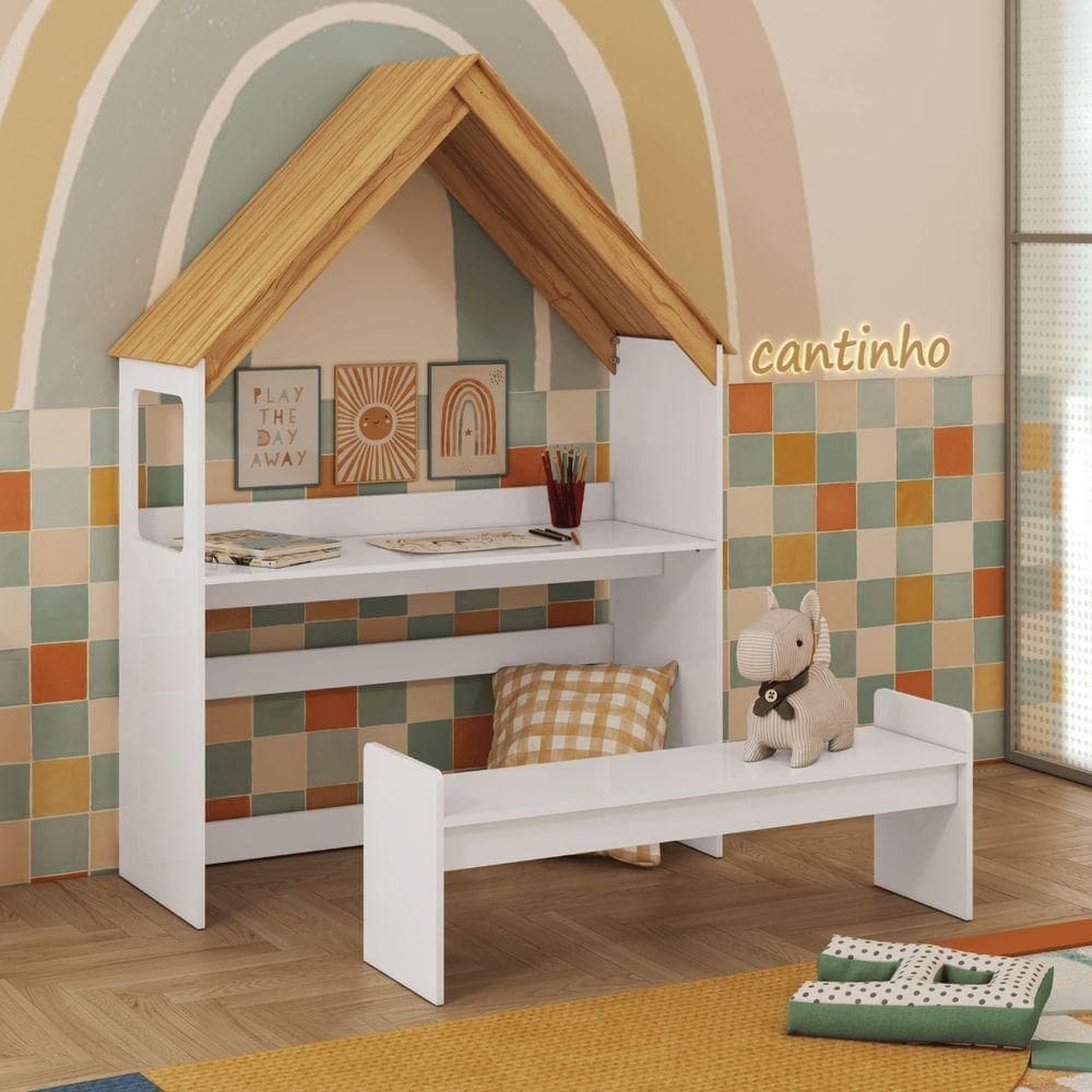 Escrivaninha Casinha Com Banco Infantil Montessoriana 100% Mdf