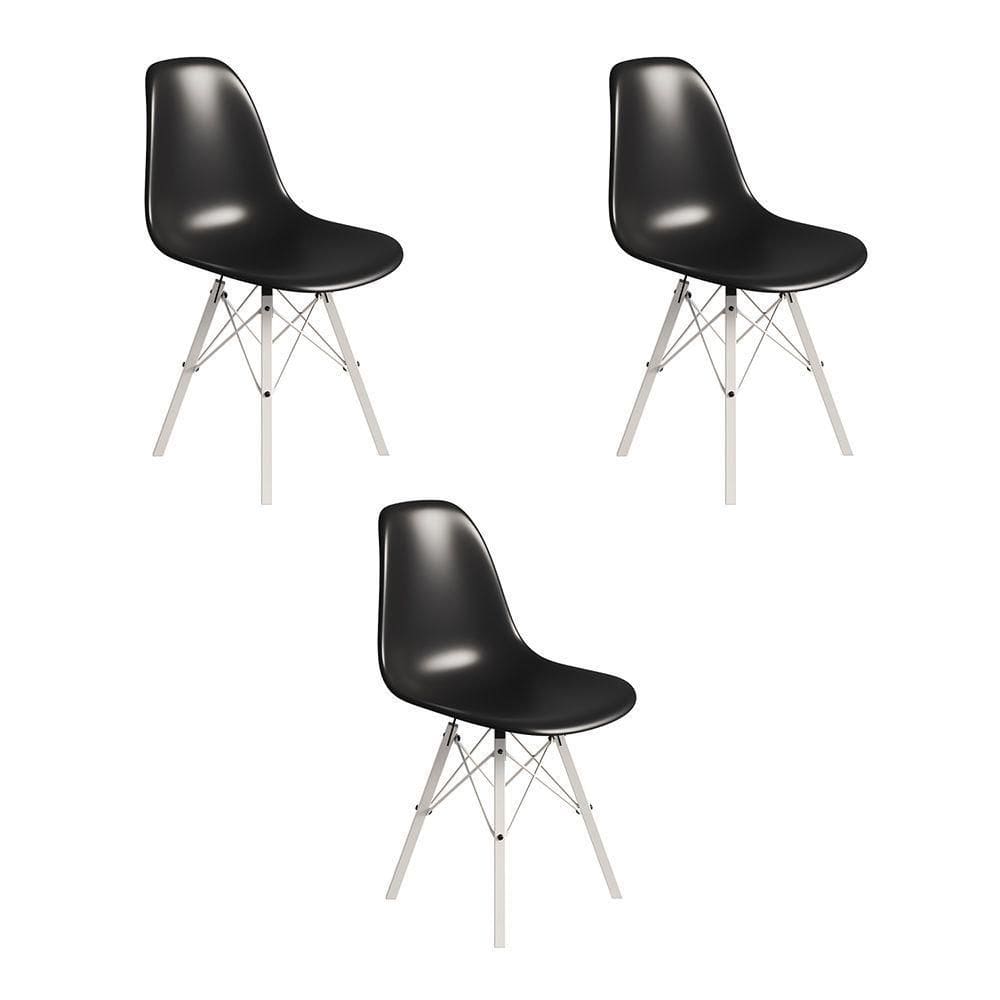 Conjunto 3 Cadeiras Eames Tubo Ferro Branco Assento Preto