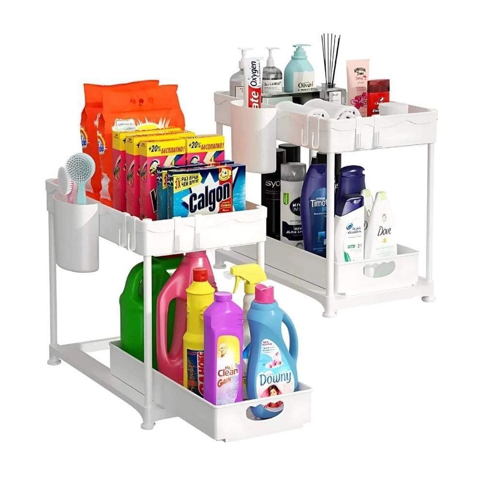 Organizador Multiuso 2 Níveis Com Bandeja Corrediça Banheiro E Cozinha - Branco