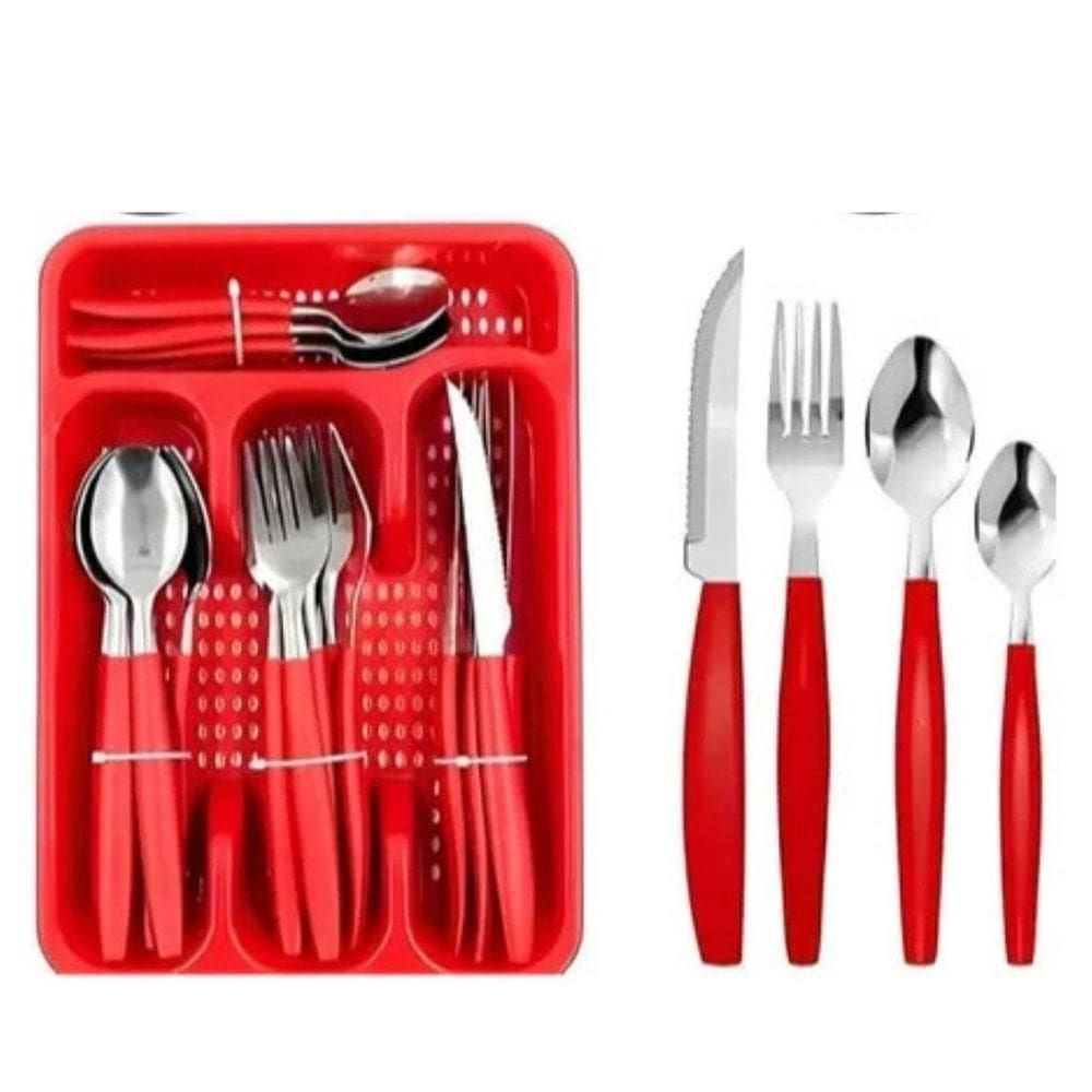 Kit 25 Peças Jogo De Talheres De Mesa Plástico E Aço Inox Vermelho