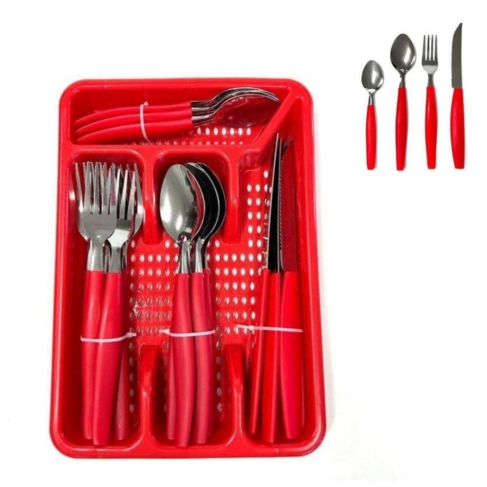 Kit 25 Peças Jogo De Faqueiro Inox Com Gaveteiro - Vermelha