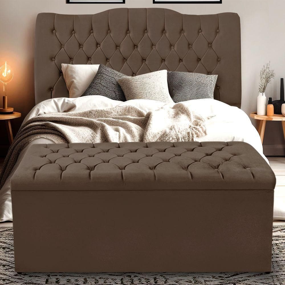 Kit Cabeceira E Calçadeira Baú Dunas Queen 160 Cm - Veludo Marrom