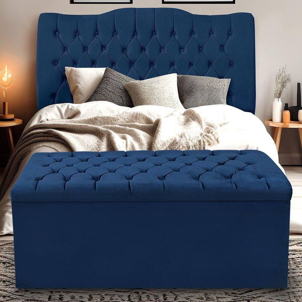 Kit Cabeceira E Calçadeira Baú Dunas Queen 160 Cm - Veludo Azul