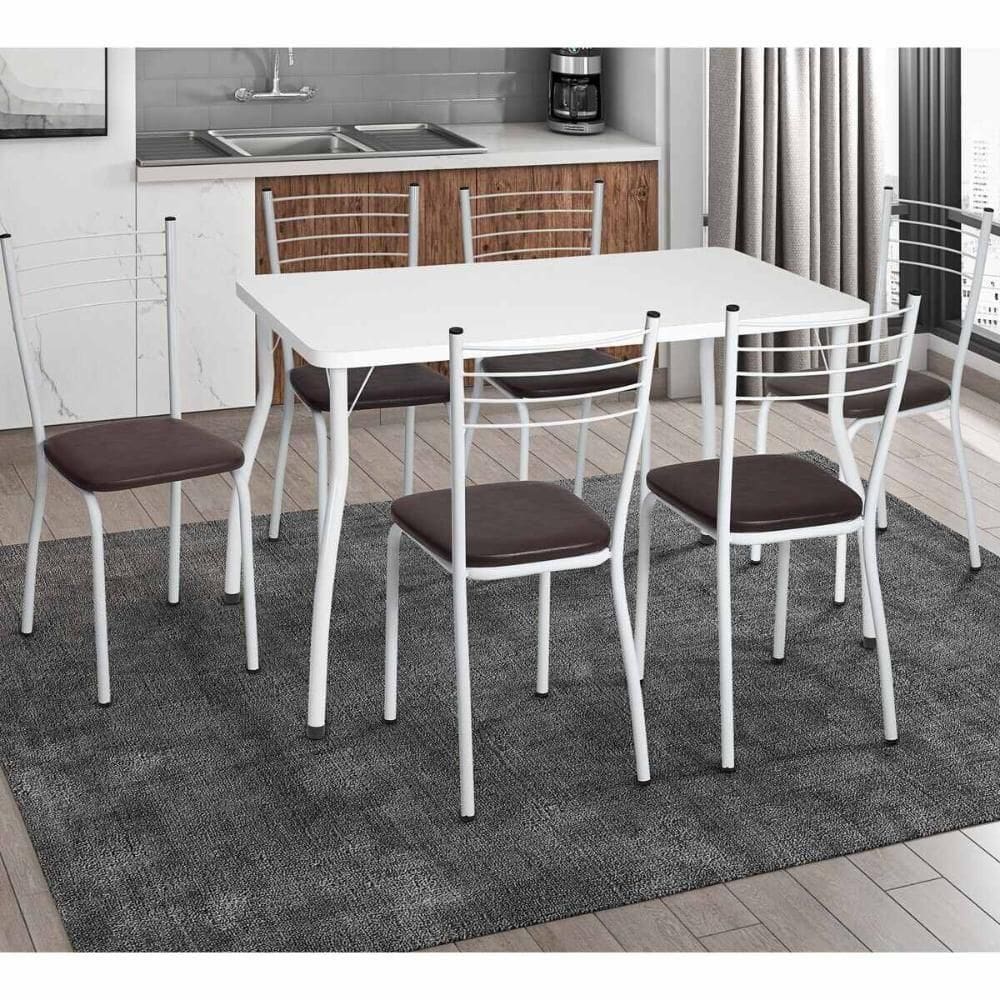 Conjunto Mesa De Jantar 115cm Com 6 Cadeiras Multimóveis Cr50137 Branco Marrom