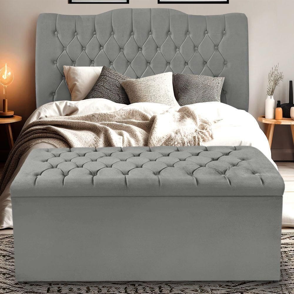 Kit Cabeceira E Calçadeira Baú Dunas Queen 160 Cm - Veludo Cinza Grafite