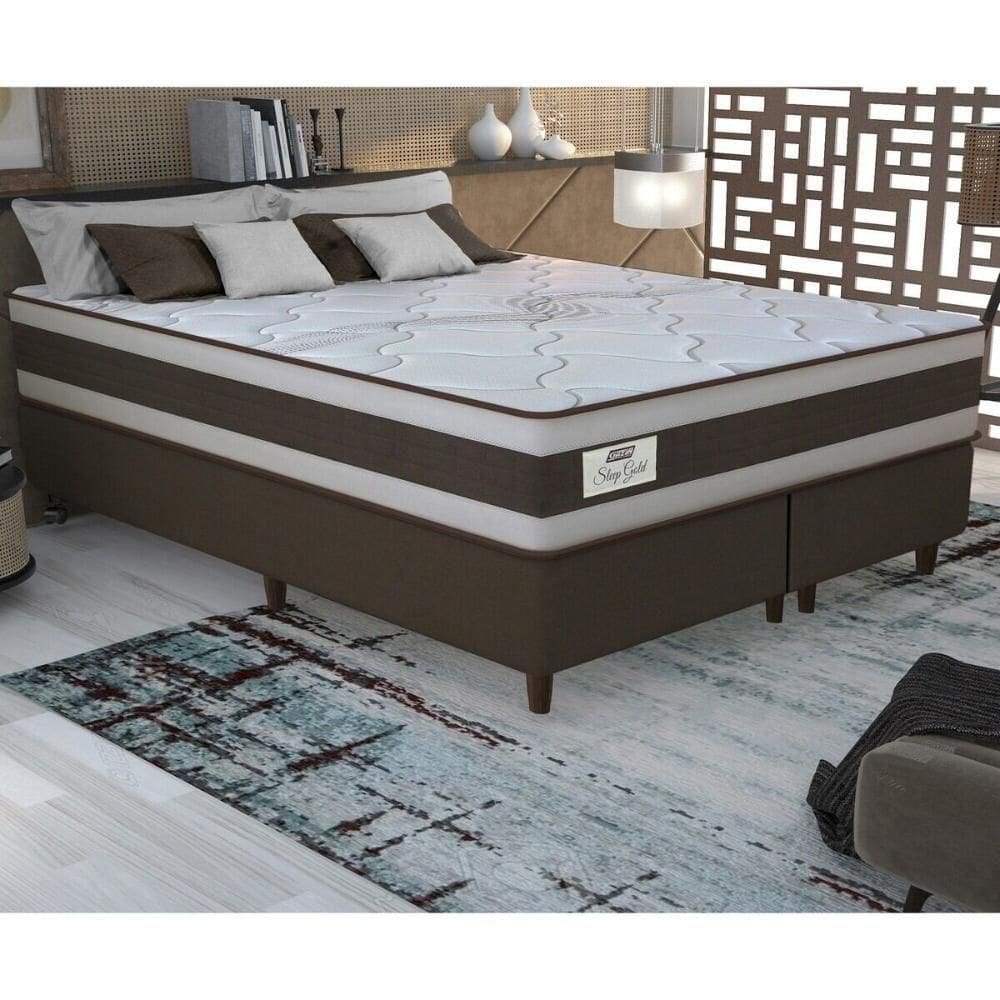 Cama Box Conjugado King Com Colchão 193x73x203 Sleep Gold Gazin Cr35356 Marrom Bege