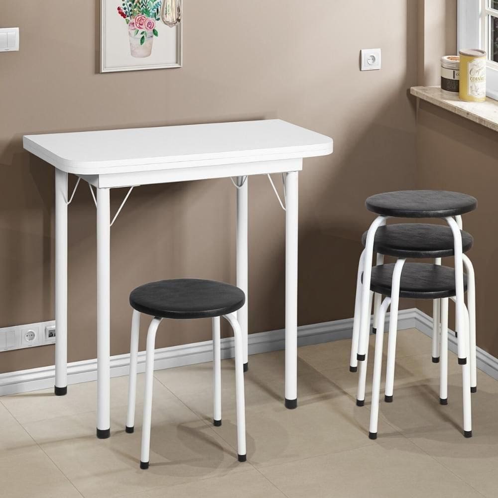 Conjunto Mesa De Jantar Dobrável 65,5cm Com 4 Banquetas Multimóveis Cr50141 Branco Preto