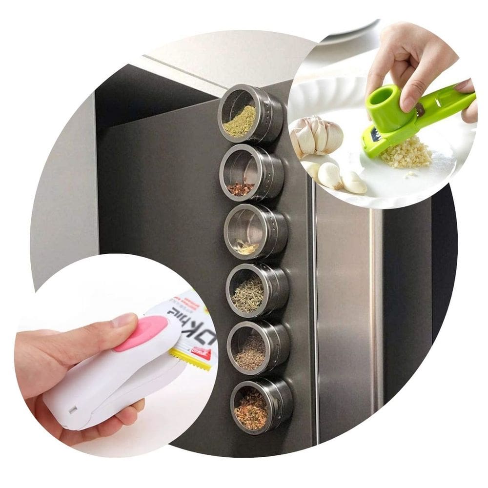 Porta Condimentos + Ralador De Alho + Mini Seladora