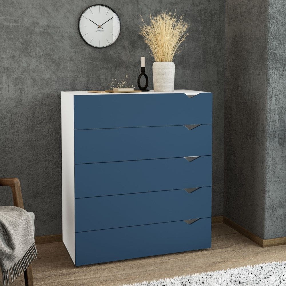 Cômoda 5 Gavetas Porto Branco Azul Politorno Móveis