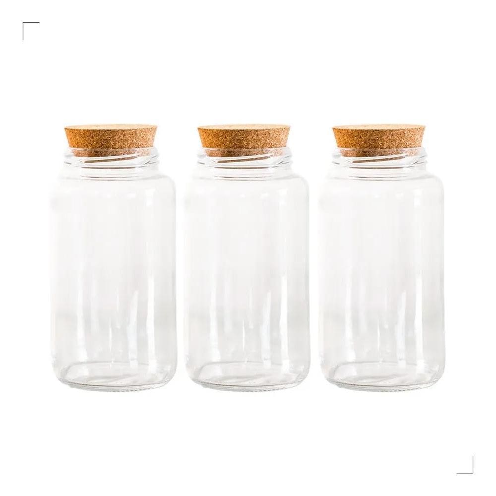 10X Kit 3 Potes Médios De Vidro 810 Ml Com Tampa Cortiça Co