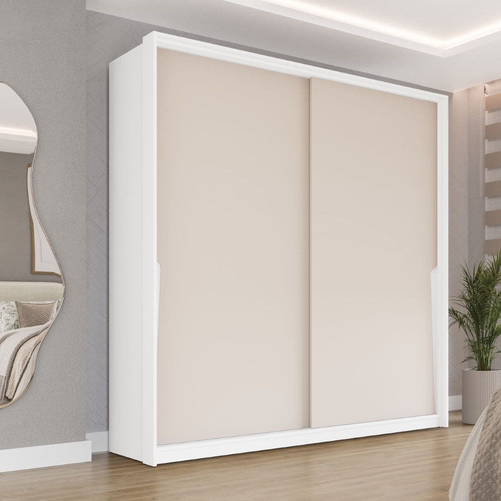 Guarda Roupa Roupeiro 2 Portas de Correr 2 Gavetas Porto Branco Creme Politorno Móveis