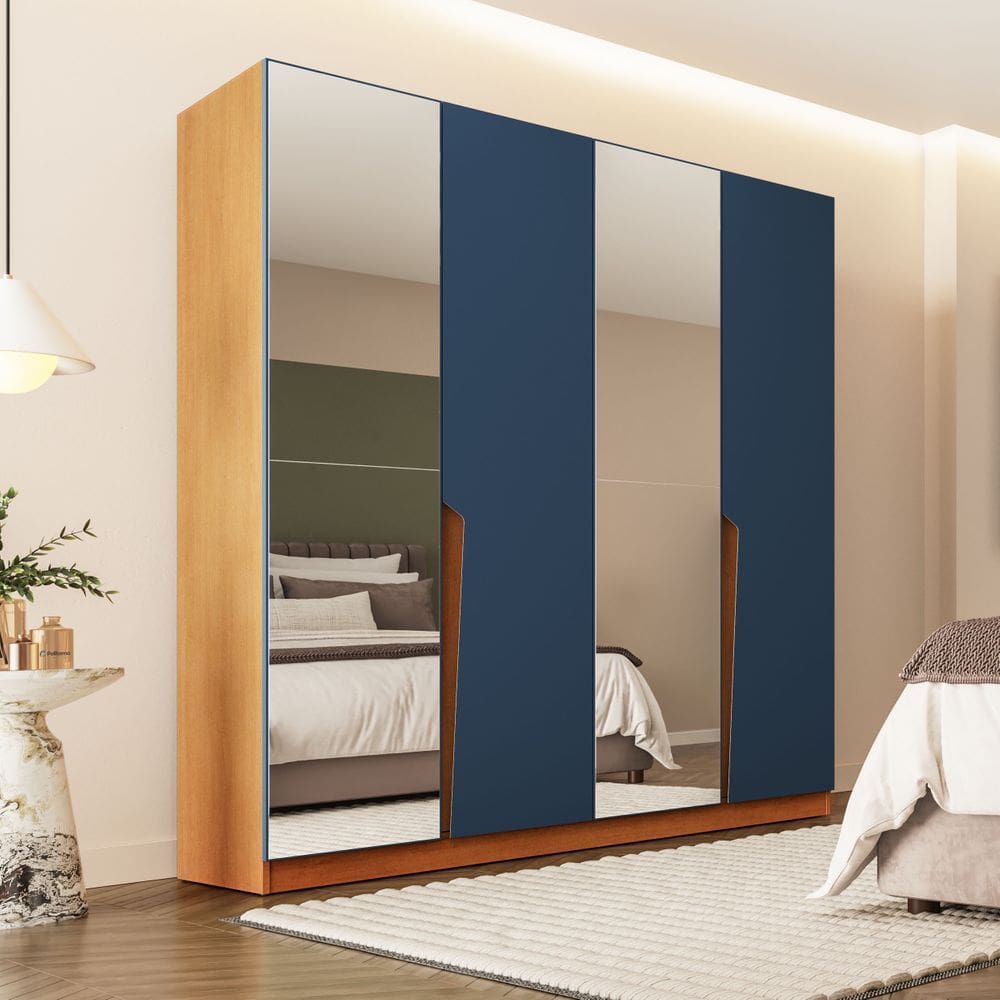 Guarda Roupa Roupeiro 4 Portas 4 Gavetas com Espelho Porto Freijó Azul Politorno Móveis