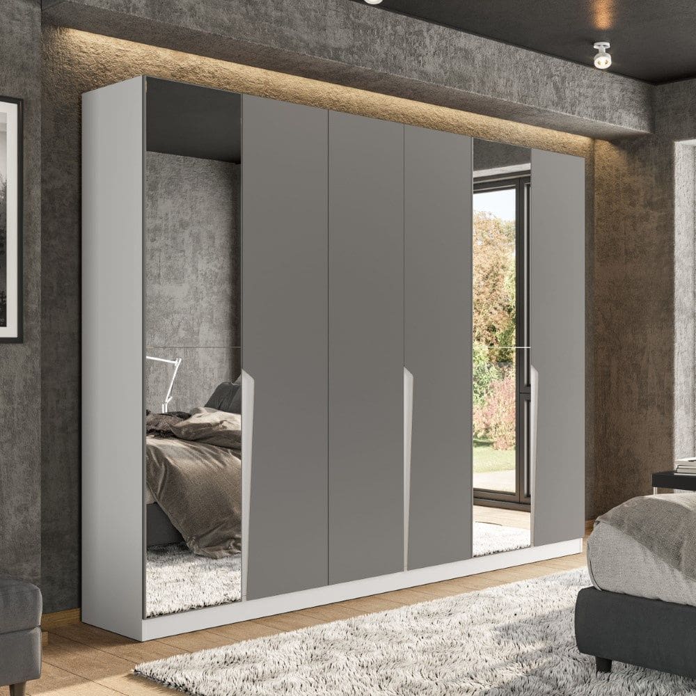 Guarda Roupa Roupeiro 6 Portas 4 Gavetas com Espelho Porto Branco Cinza Politorno Móveis