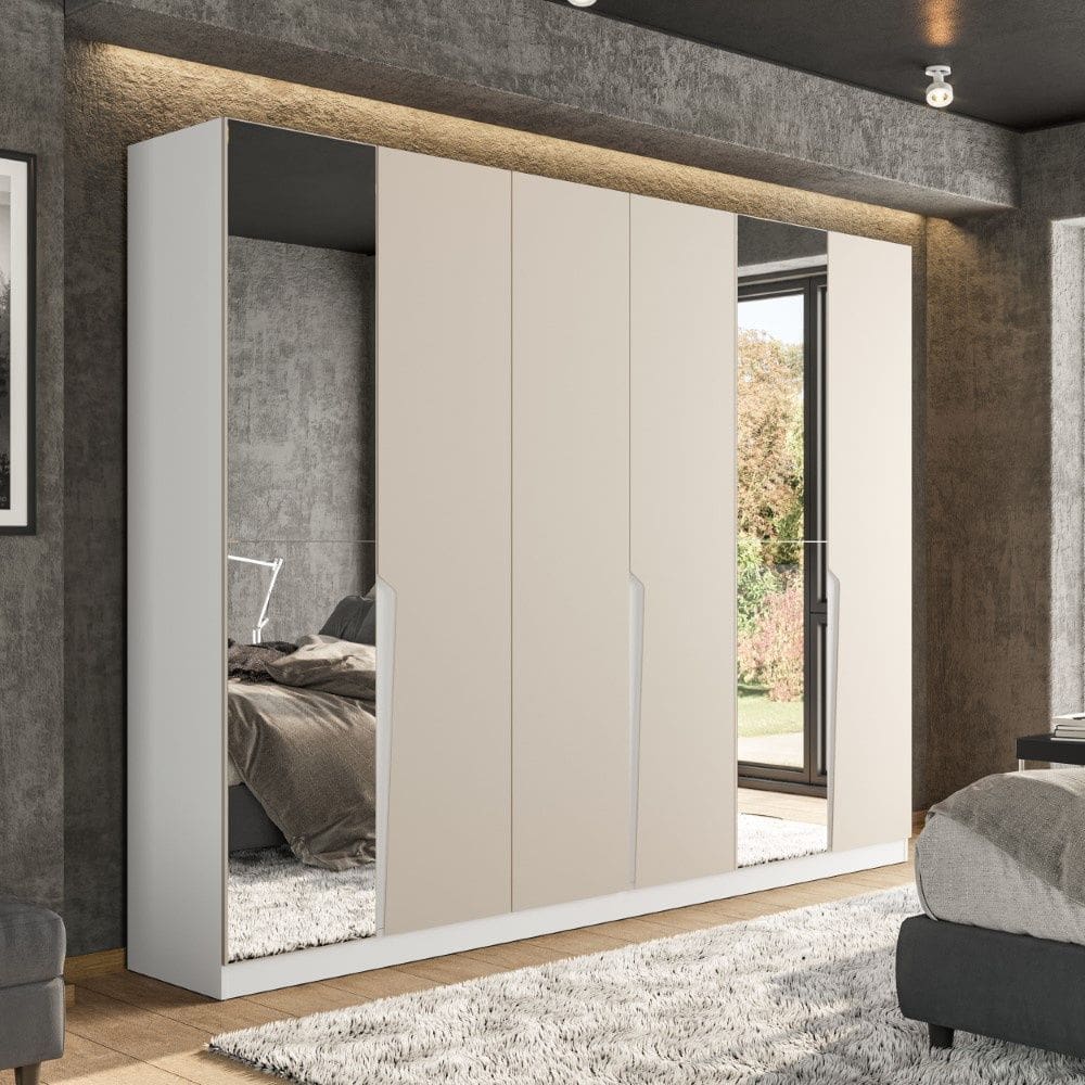 Guarda Roupa Roupeiro 6 Portas 4 Gavetas com Espelho Porto Branco Creme Politorno Móveis