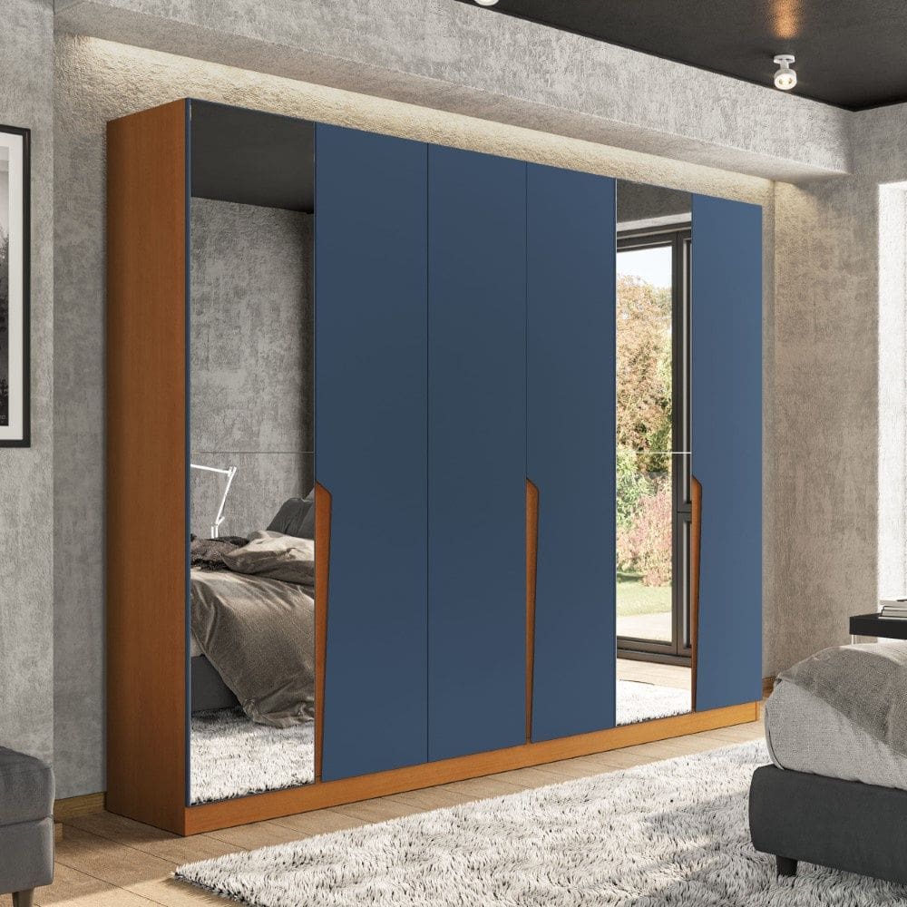 Guarda Roupa Roupeiro 6 Portas 4 Gavetas com Espelho Porto Freijó Azul Politorno Móveis