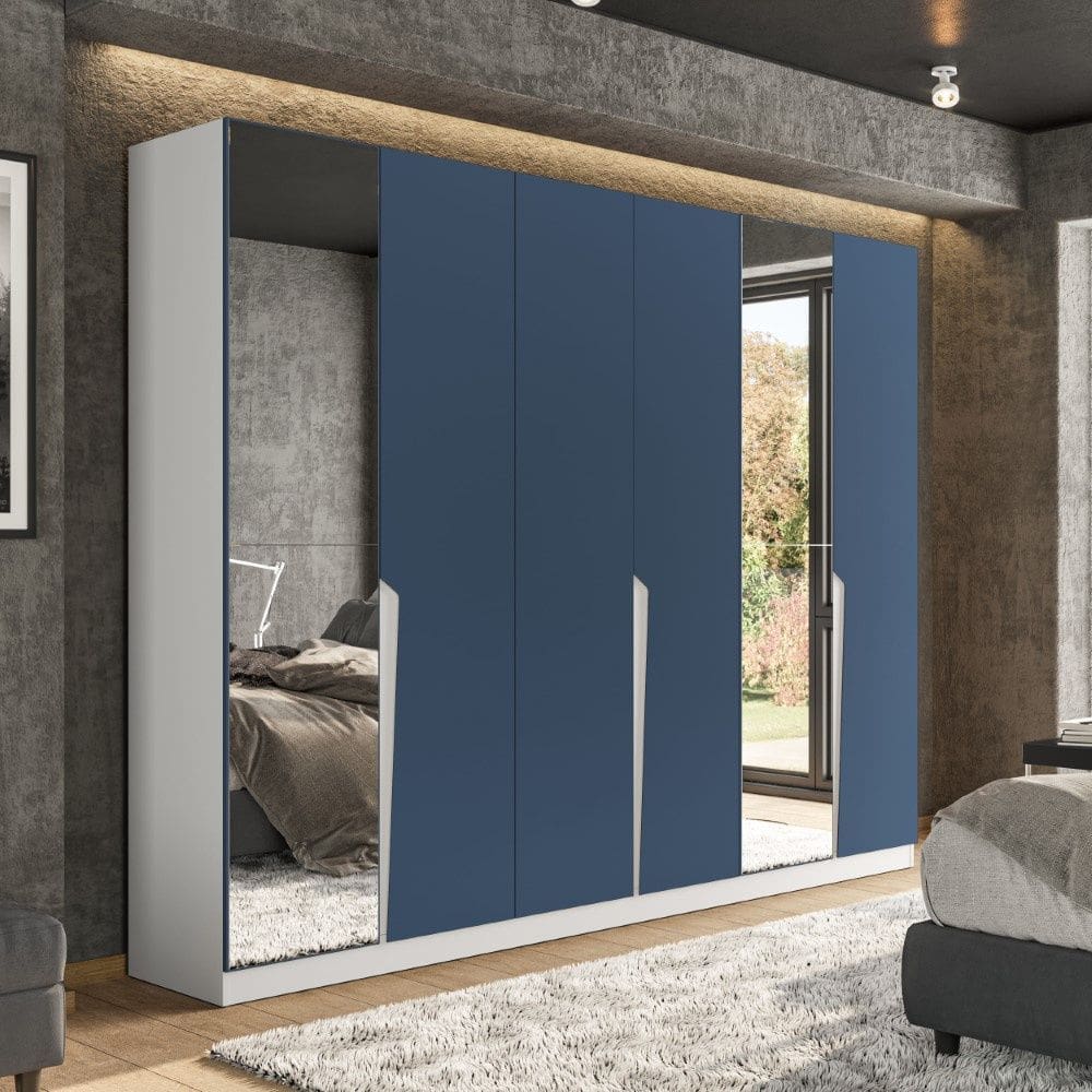 Guarda Roupa Roupeiro 6 Portas 4 Gavetas com Espelho Porto Branco Azul Politorno Móveis