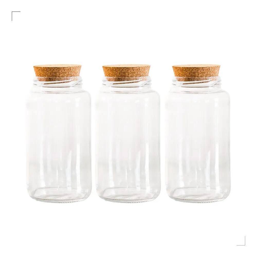 10X Kit 3 Potes Médios De Vidro 810 Ml Com Tampa Cortiça Co