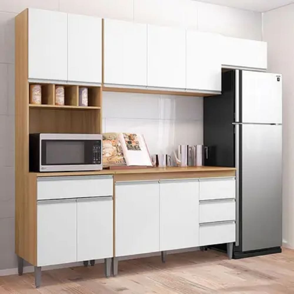 Cozinha Modulada Completa Andréia 240cm com Tampo MDP - Amêndoa Branco  AJL