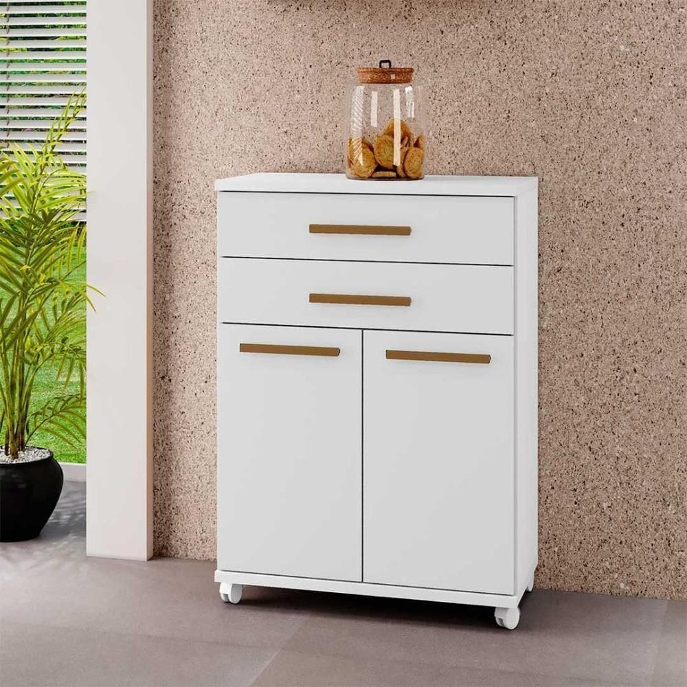 Balcão 2 Portas E 2 Gavetas Com Rodinhas Branco Mônaco