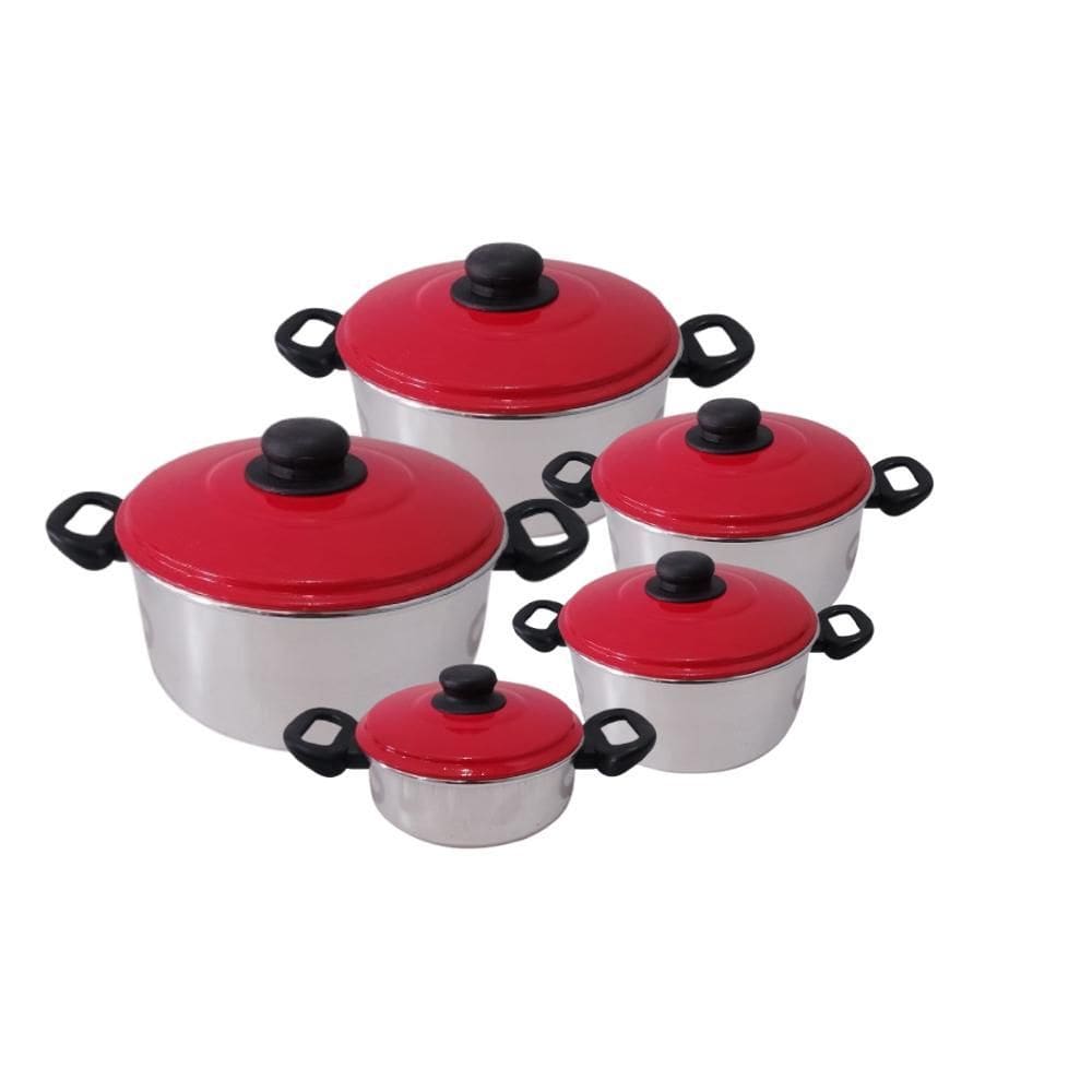Jogo De Panelas Alumínio Caçarolas Tampas Vermelha 5 Peças