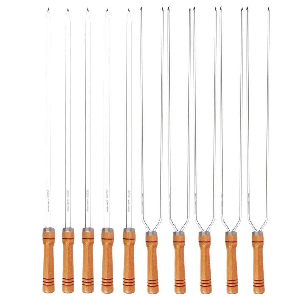 Kit 10 Espetos 80Cm Preparo Churrasco Cabo Madeira Alumínio