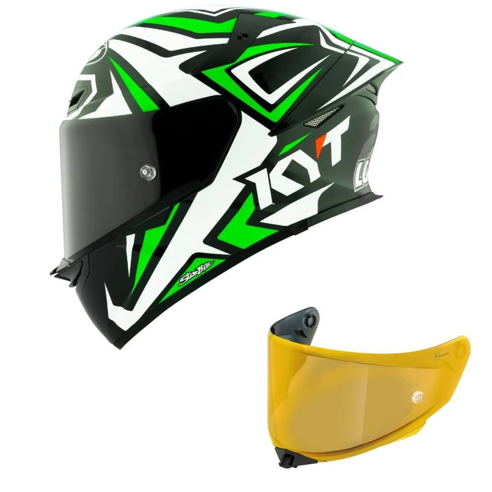 Capacete KYT TT Revo Alex Lowes 2024 Preto Branco e Verde Mais Viseira Dourada