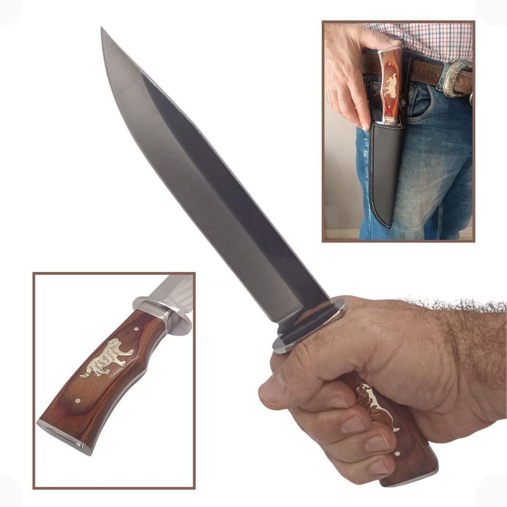 Faca Inox Fulltang Cabo Madeira Tigre Bainha Churrasco Pesca