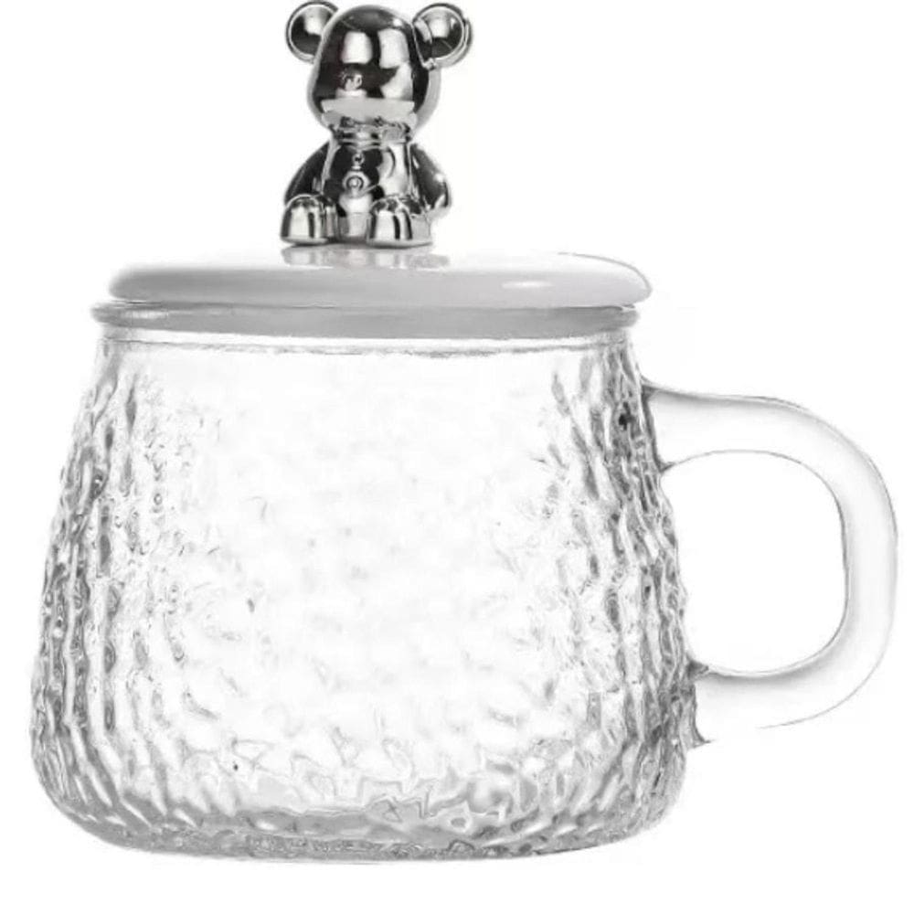 Caneca De Vidro Bear Ursinho Com Tampa E Colher 400Ml Lanty