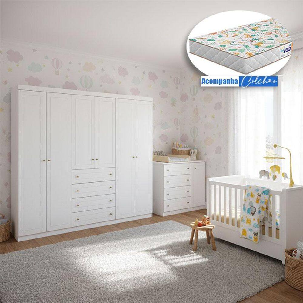 Quarto Infantil Mississpi 6 Portas Ambiente com Berço Tutto New Branco Fosco e Colchão Gazin - Henn