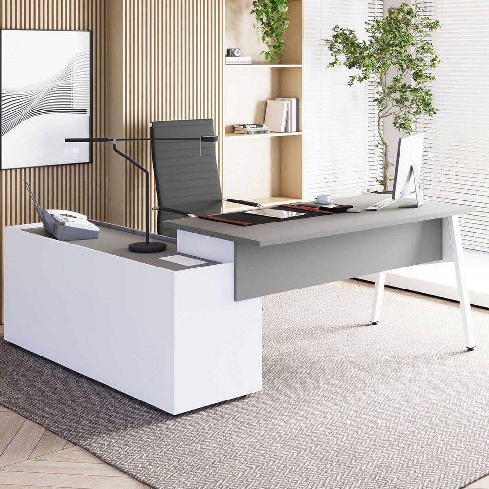 Mesa L Diretor Escritório 200cm com Armário Lateral Tampo Cavado e Pés Metal Industrial Executive Cinza Sagrado / Branco