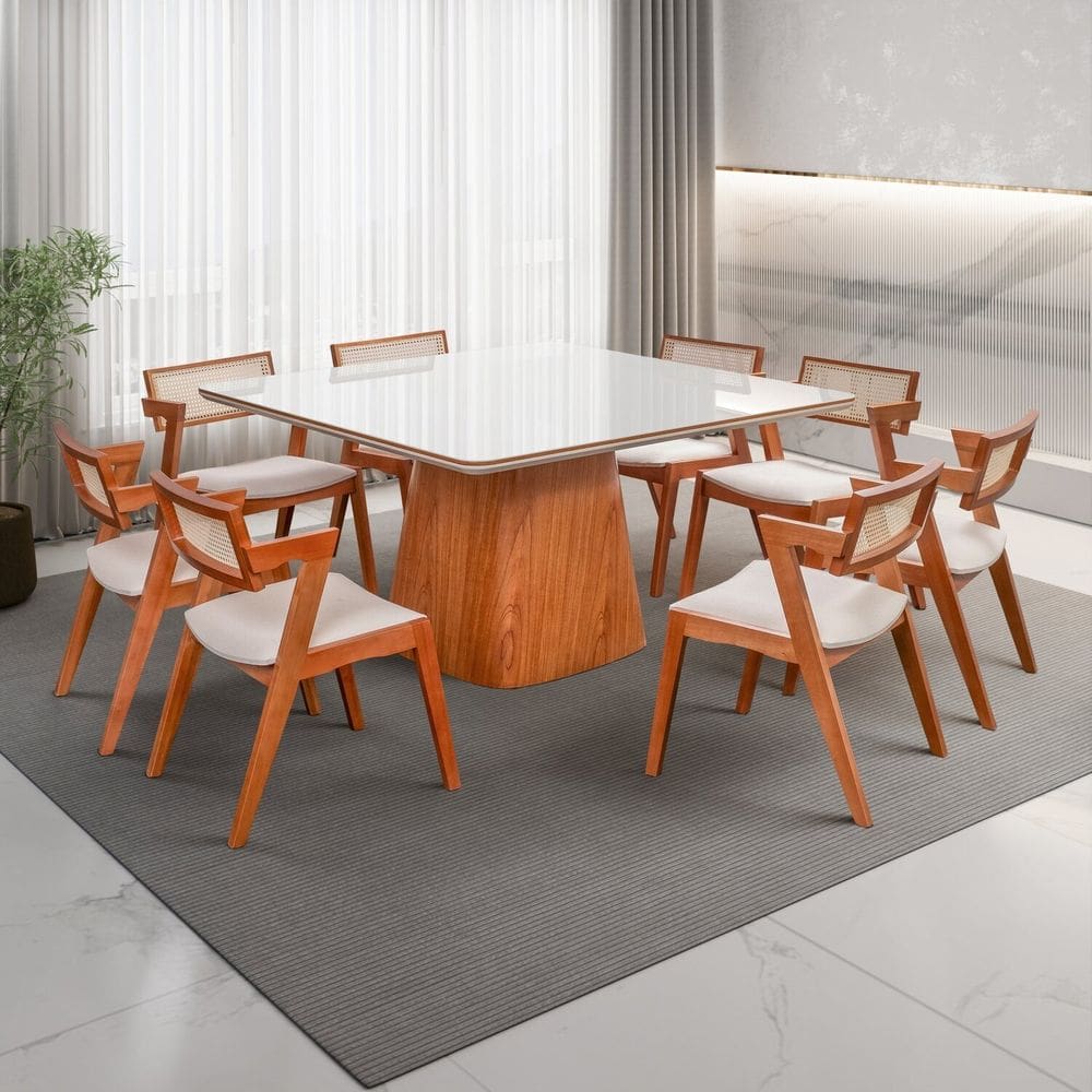 Conjunto Mesa Bergame Tampo c/ Detalhe e 8 Cadeiras Madeira Maciça, Estofada e Rattan de Fibra 100% Champagnhe/Off White