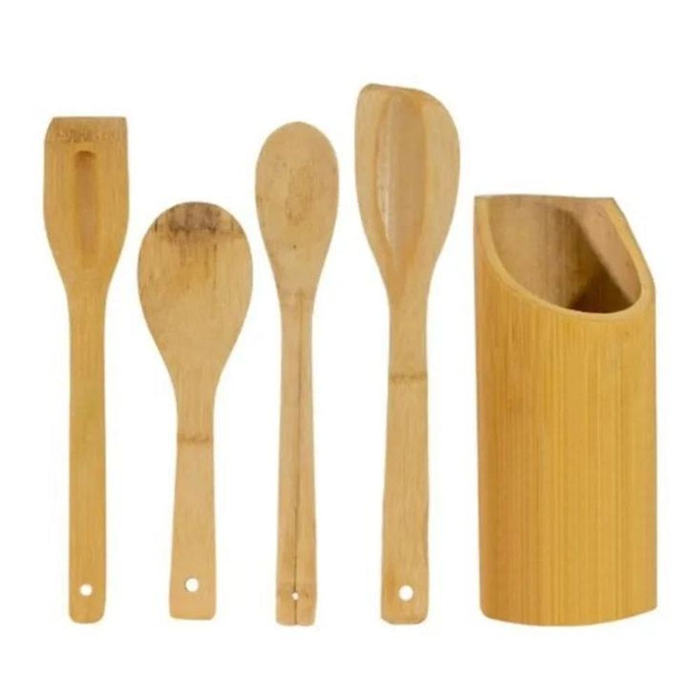 2X Kit Culinario Colher De Bambu Pau E Suporte Cor Marrom