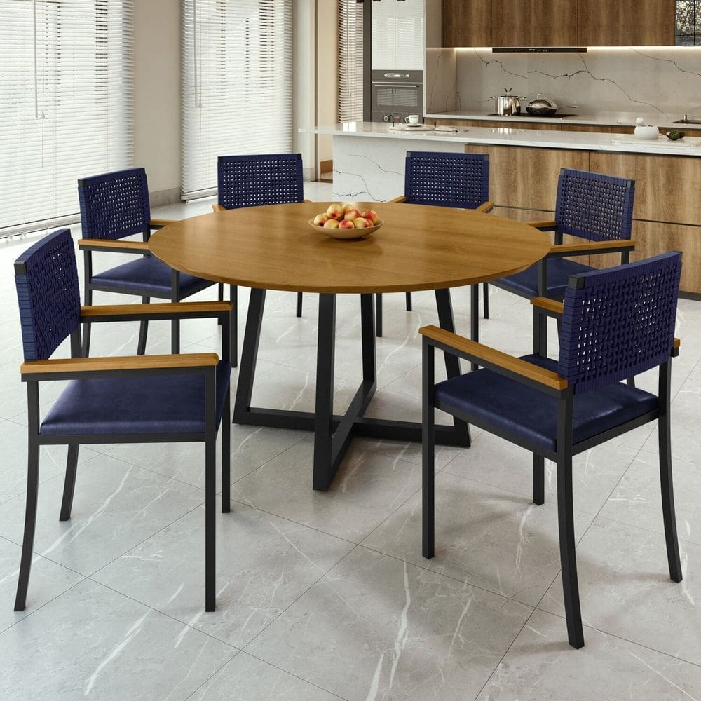 Conjunto Sala de Jantar Mesa Redonda Coliseu 150cm com 6 Cadeiras Madri Azul/Preto/Cinamomo