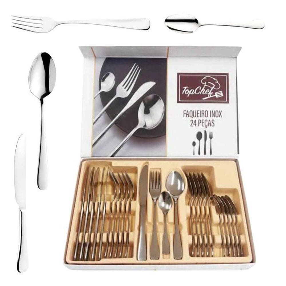 Faqueiro De Aço Inox Premium Jogo Com 24 Peças Talheres