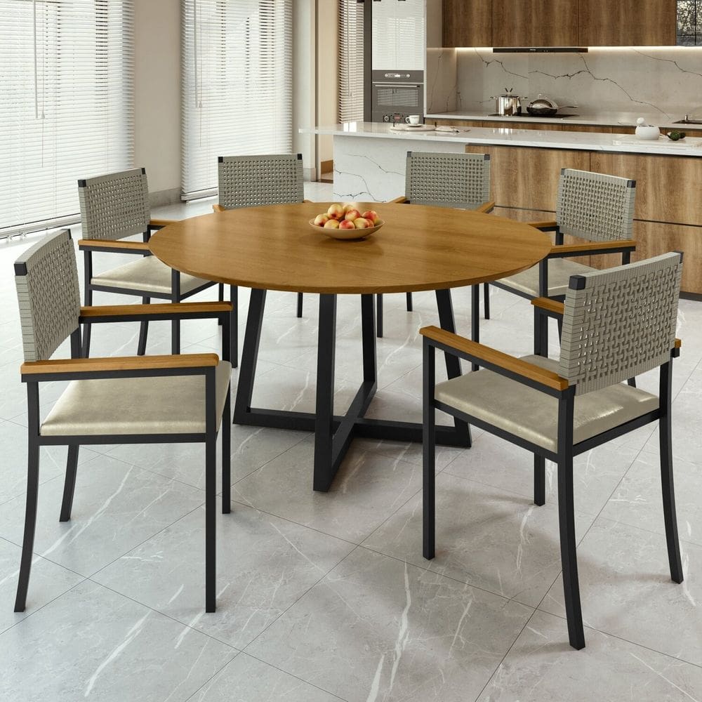 Conjunto Sala de Jantar Mesa Redonda Coliseu 150cm com 6 Cadeiras Madri Rami/Pérola/Cinamomo