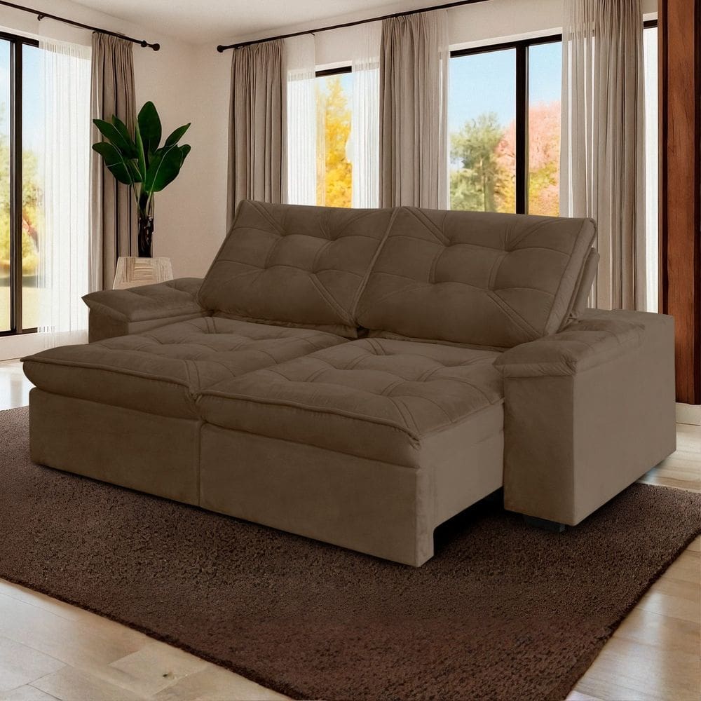 Sofá Retrátil e Reclinável Molas Ensacadas 240cm Veludo Zurique Marrom