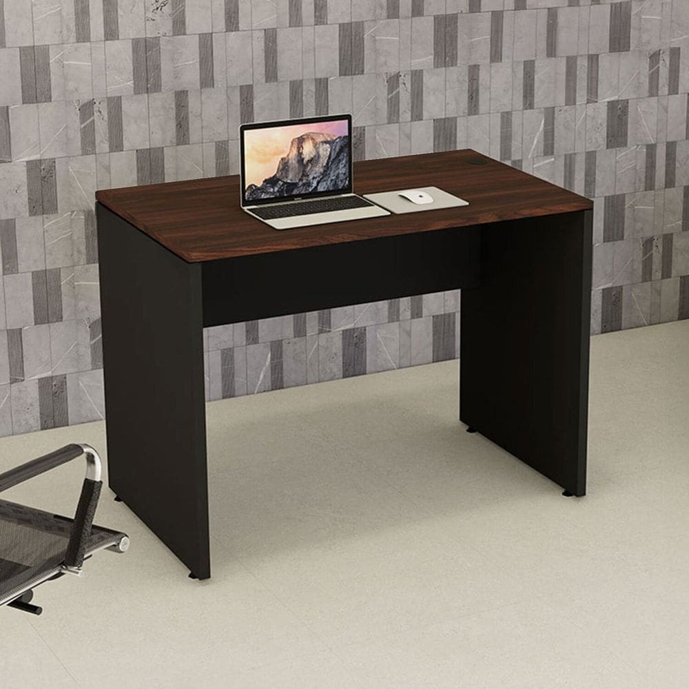 Mesa Escrivaninha Retangular 100cm X 60cm com Passa Cabos e Pés Painel para Escritório Corporate Louro Preto com Preto