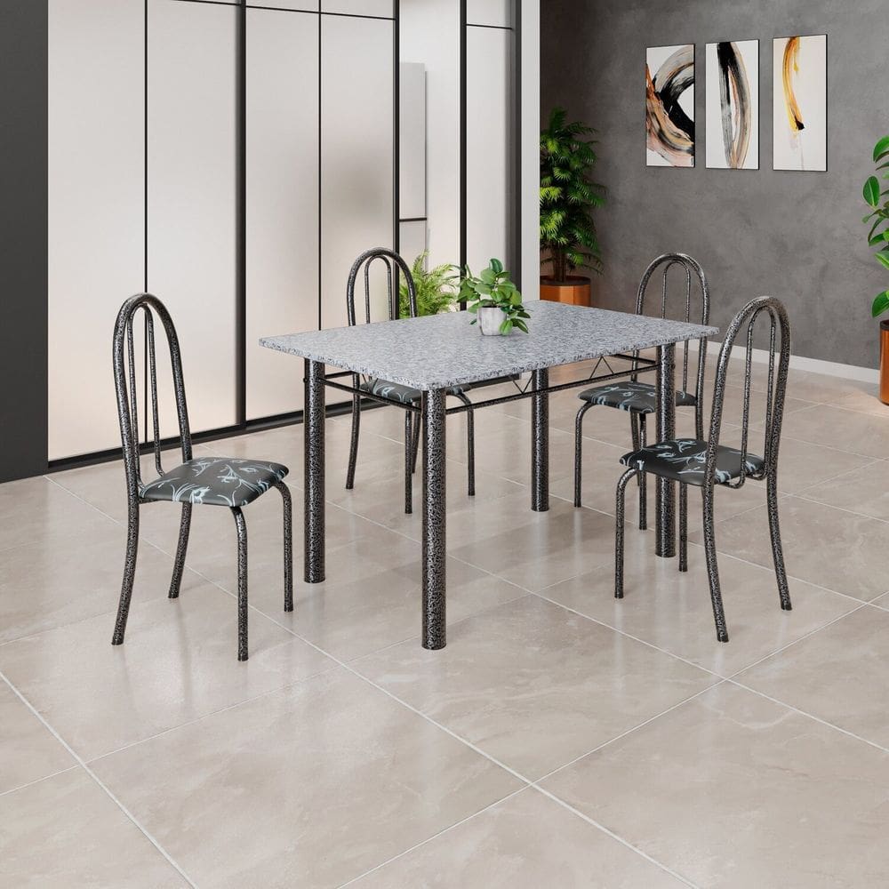 Conjunto de Mesa Tubular 120x75cm Tampo em Granito Ocre com 4 Cadeiras Iris Preto/Mart Prata