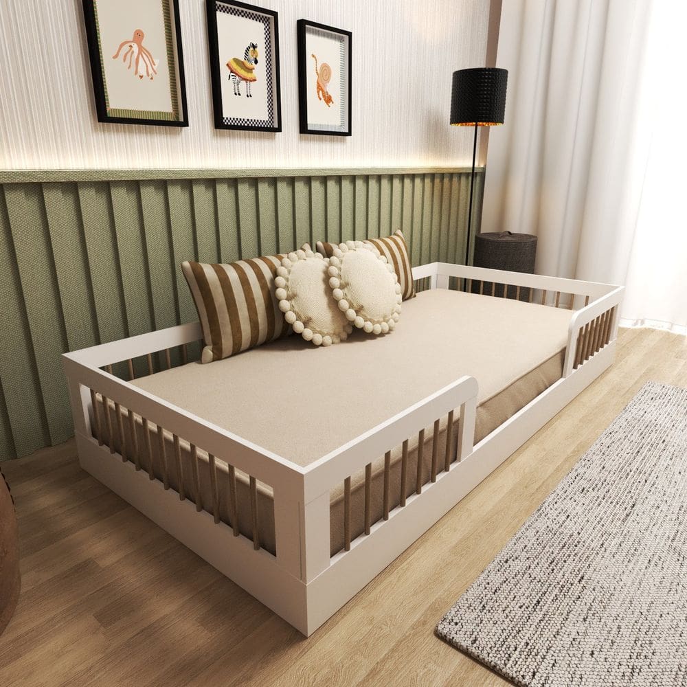 Cama Infantil Montessoriana Solteiro com Grades em Pinus Lume Branco