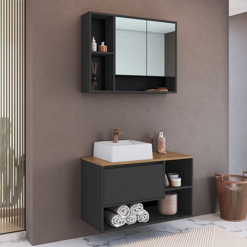 Conjunto para Banheiro Gabinete Suspenso 80cm com Cuba e Espelheira Barcelona Grafite