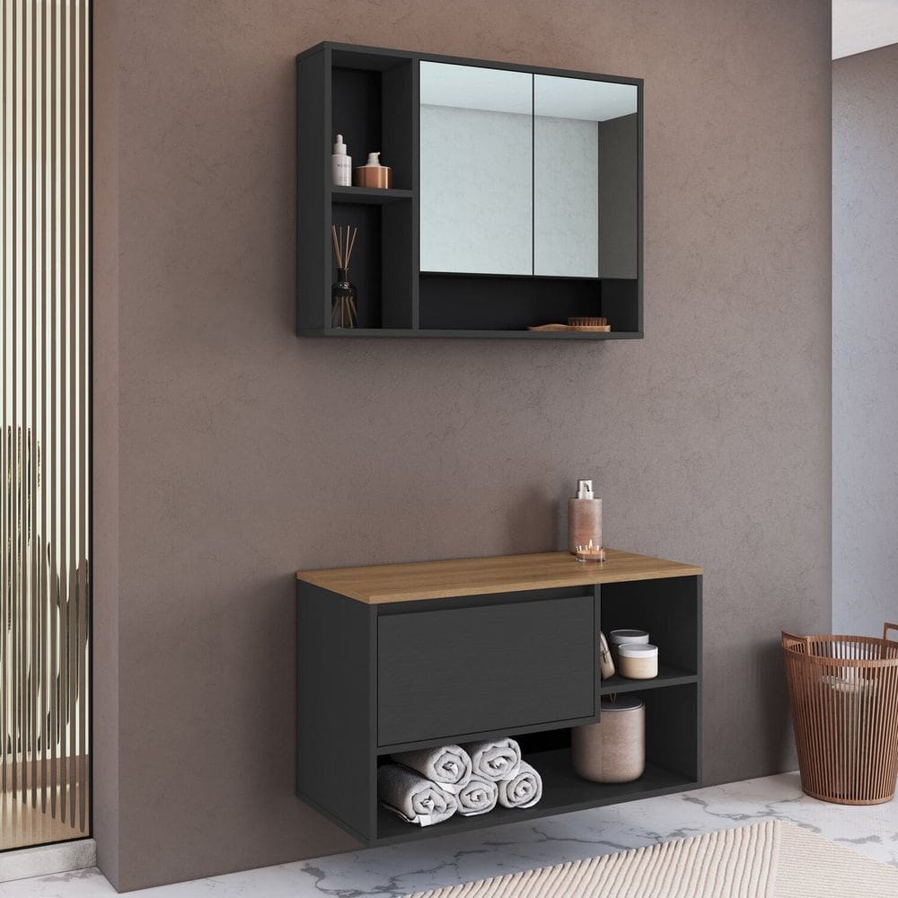 Conjunto para Banheiro Gabinete Suspenso 80cm com Espelheira Barcelona Grafite