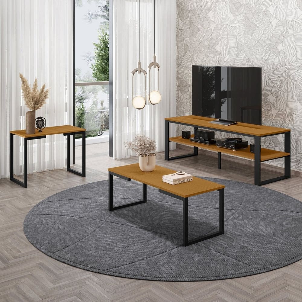 Rack para Tv 55 Polegadas com Mesa de Centro e Mesa Lateral Aço Innovare Preto/Marrom