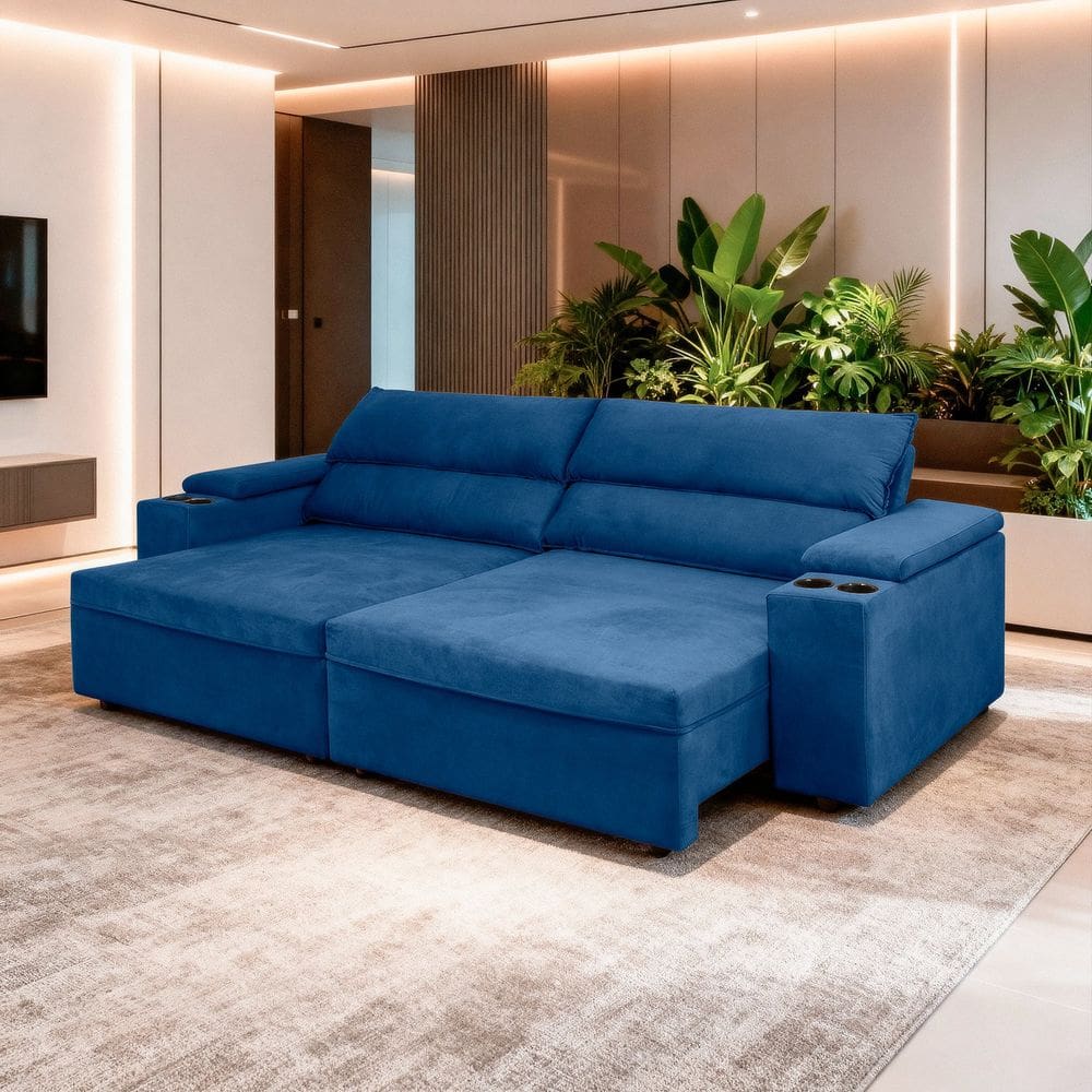 Sofá Retrátil Reclinável Molas Ensacadas 230cm Veludo Havana Azul
