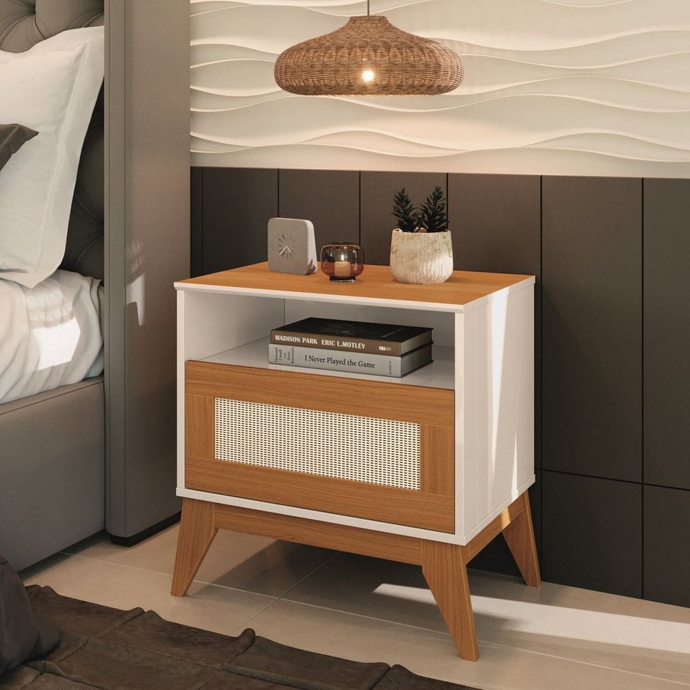 Mesa de Cabeceira com Rattan 65x58cm City Off White/Cedro