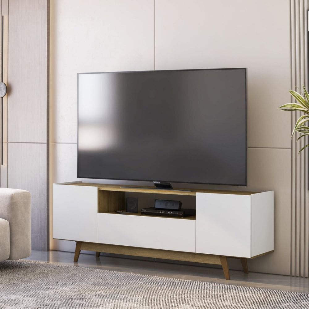 Rack para Tv 65 Polegadas com 3 Portas Porto Belo Branco/Mel
