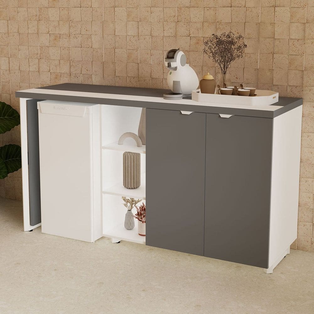 Aparador Frigobar Embutir Esquerdo Armário 2 Portas com Pés em Metal Corporate Cinza Sagrado / Branco